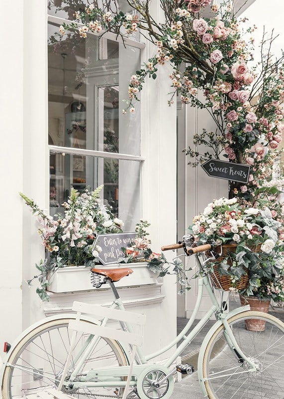 Photograph of white bicycle with flower basket in front of flower-adorned facade-12