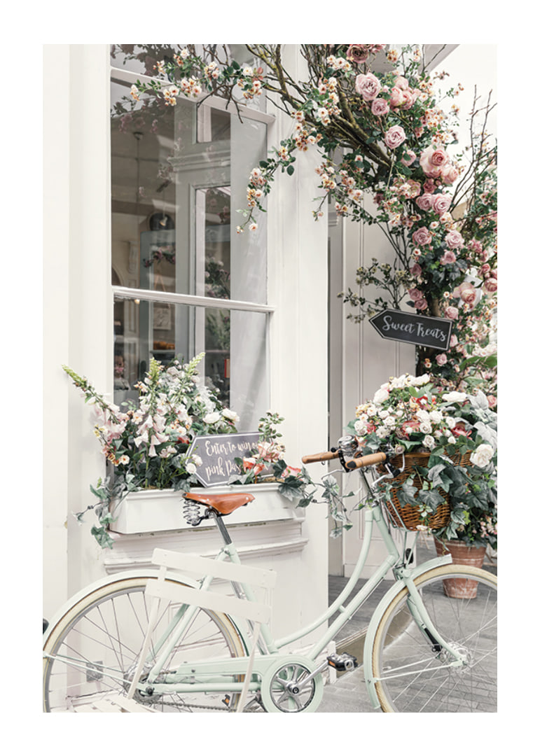 Photograph of white bicycle with flower basket in front of flower-adorned facade-12