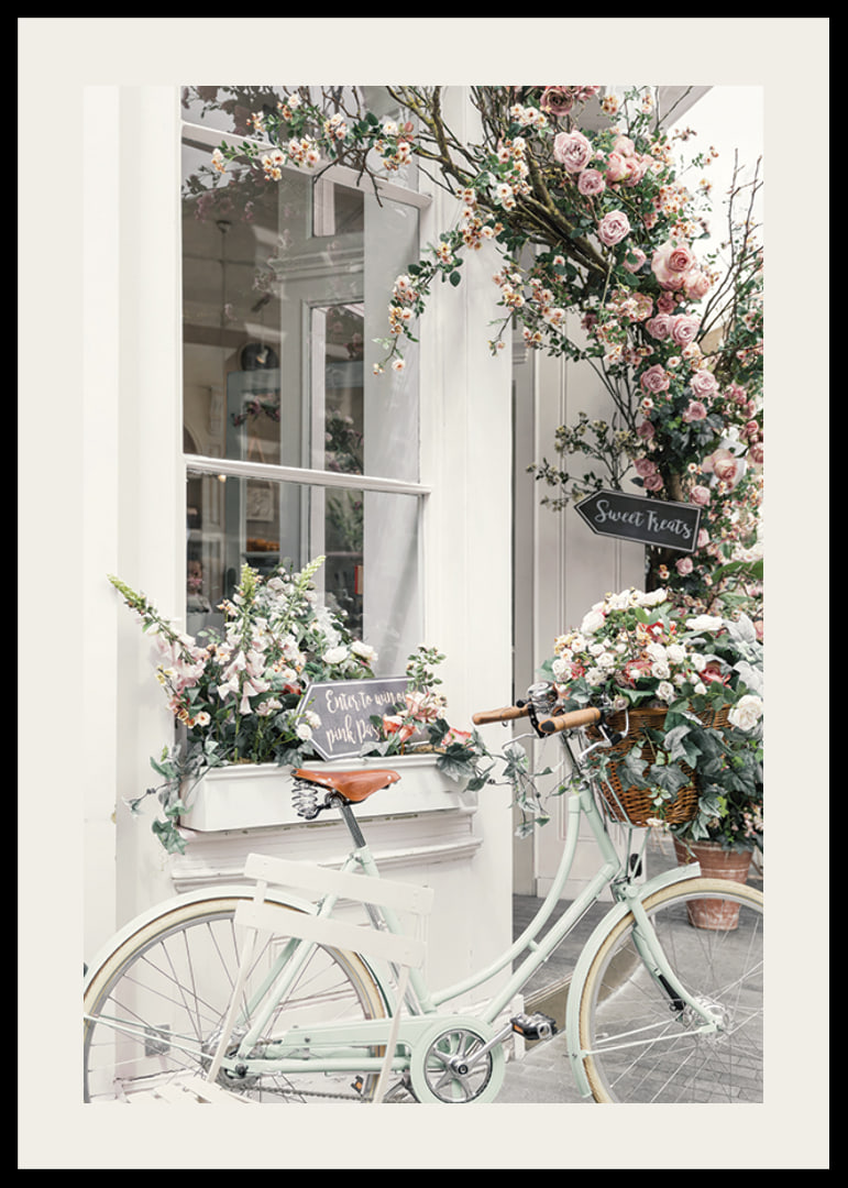 Photograph of white bicycle with flower basket in front of flower-adorned facade-12