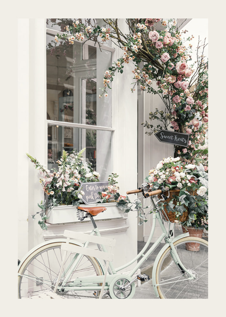Photograph of white bicycle with flower basket in front of flower-adorned facade-12