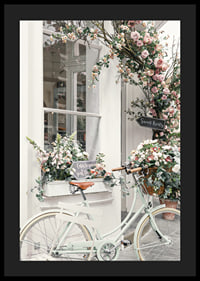 Photograph of white bicycle with flower basket in front of flower-adorned facade-4
