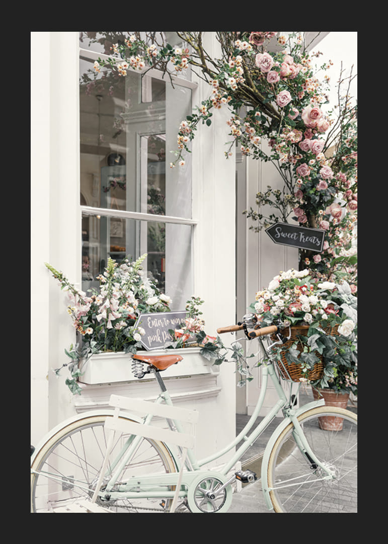 Zdjęcie białego roweru z koszem kwiatów przed fasadą ozdobioną kwiatami-12