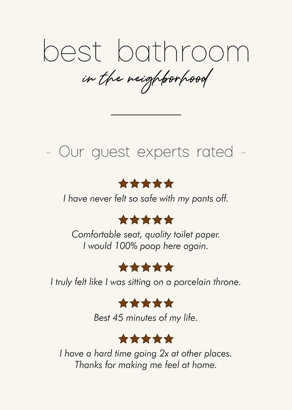 Humorous text in black with reviews and stars on beige background-12