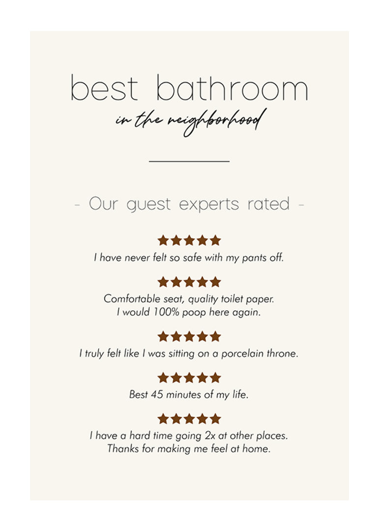 Humorous text in black with reviews and stars on beige background-12