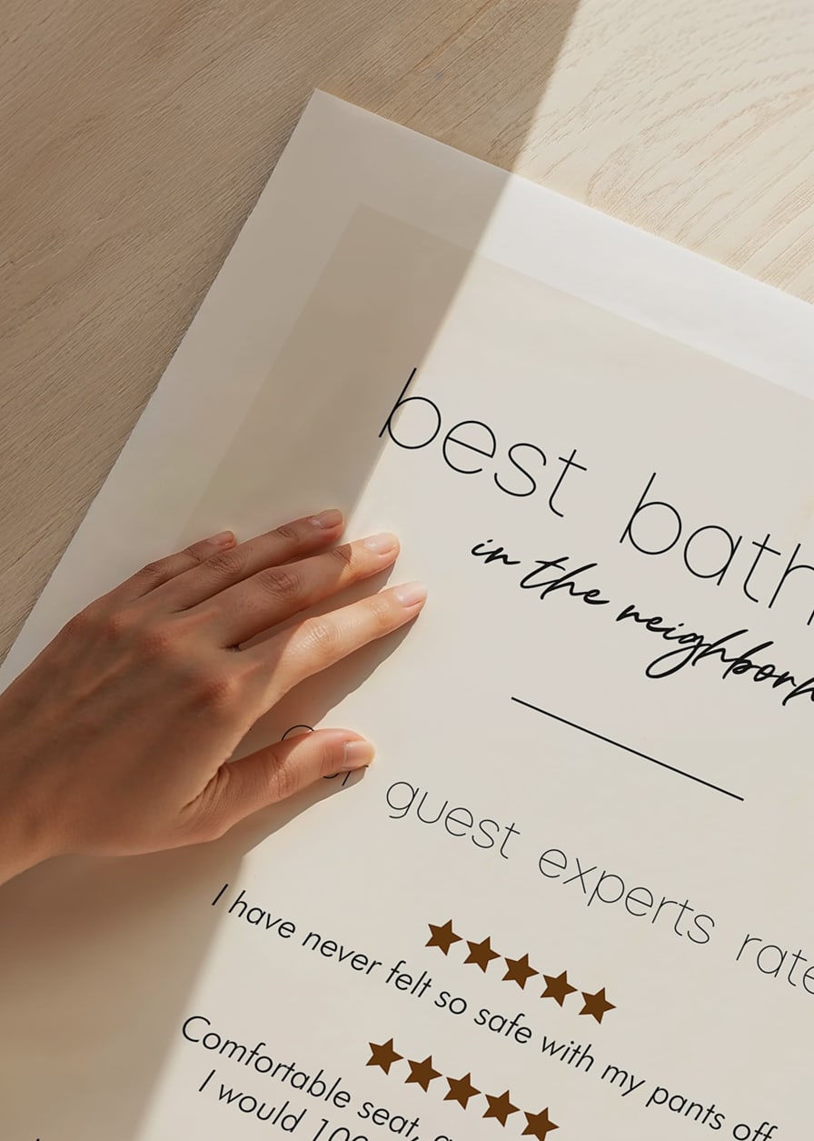 Humorous text in black with reviews and stars on beige background-12