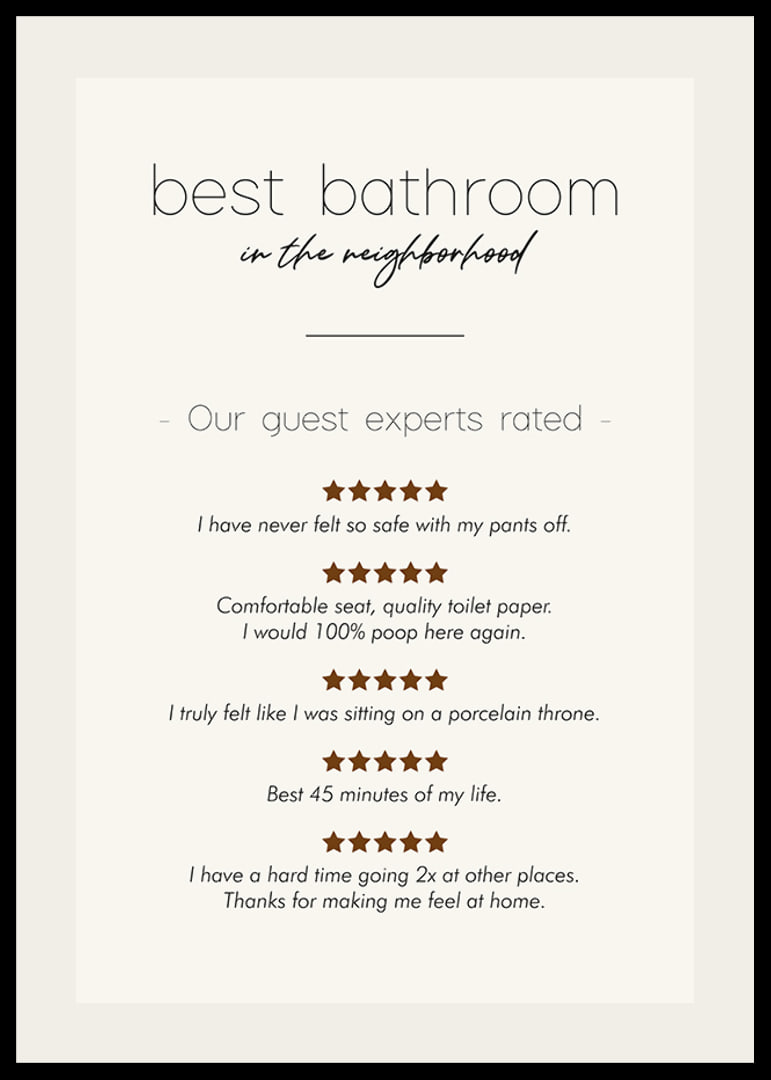Humorous text in black with reviews and stars on beige background-12