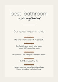 Humorous text in black with reviews and stars on beige background-3