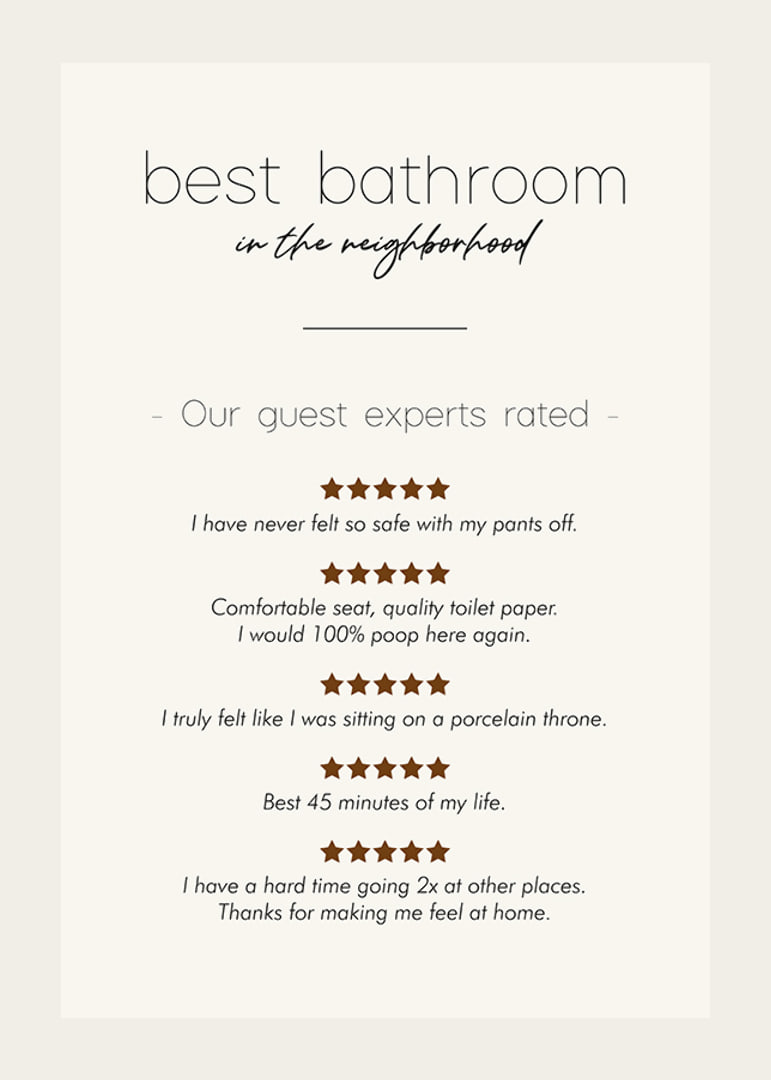 Humorous text in black with reviews and stars on beige background-12
