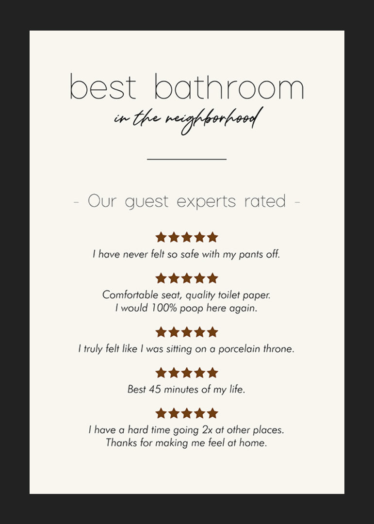Humorous text in black with reviews and stars on beige background-12