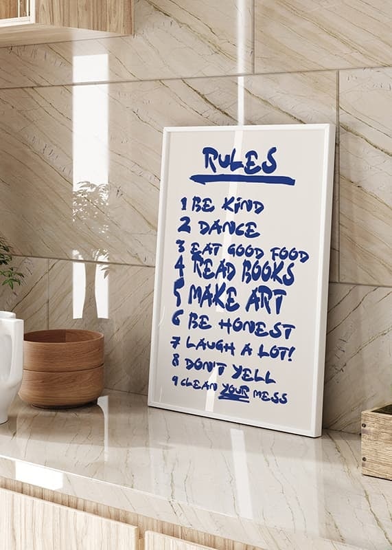 Handwritten blue text with nine encouraging house rules on light background-12