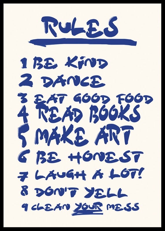 Handwritten blue text with nine encouraging house rules on light background-12