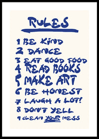 Handwritten blue text with nine encouraging house rules on light background-0