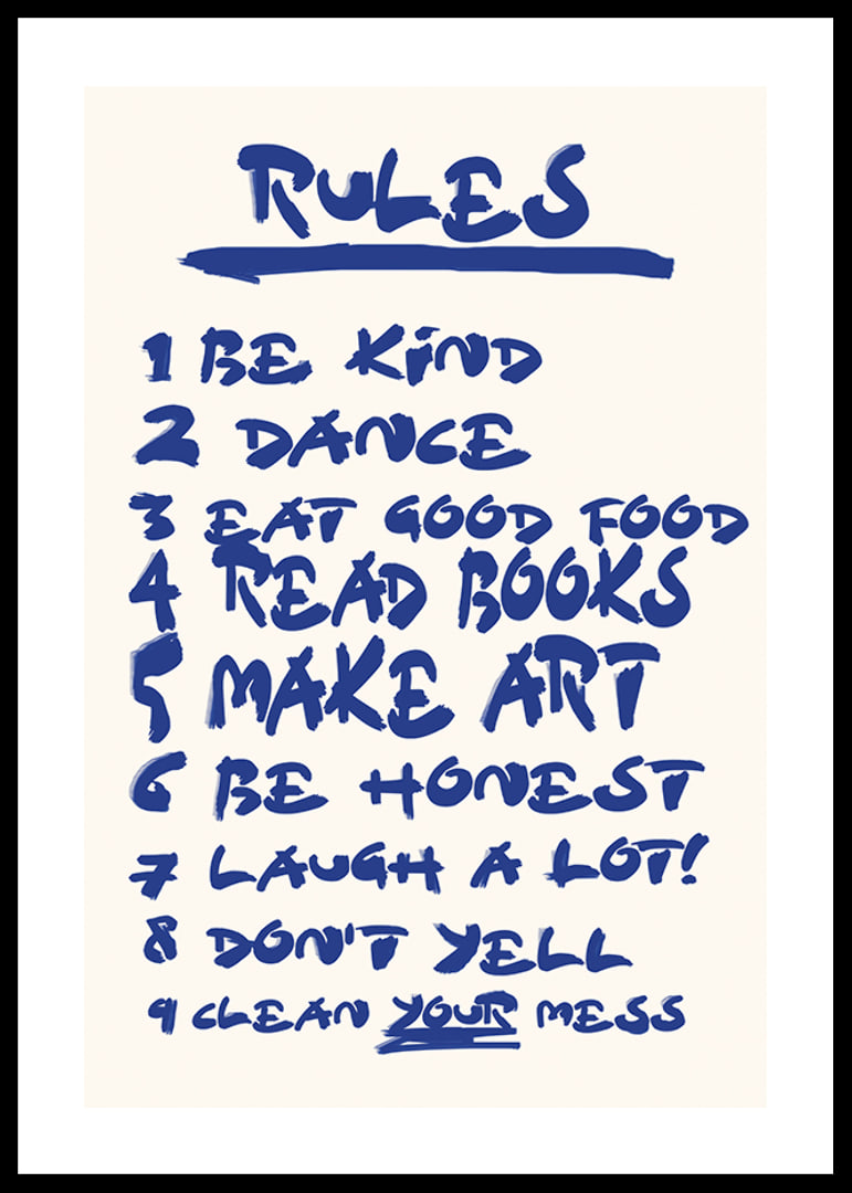 Handwritten blue text with nine encouraging house rules on light background-12
