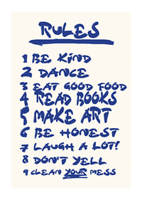 Handwritten blue text with nine encouraging house rules on light background-1