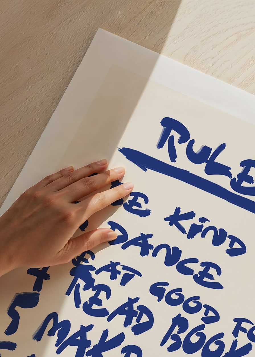 Handwritten blue text with nine encouraging house rules on light background-12