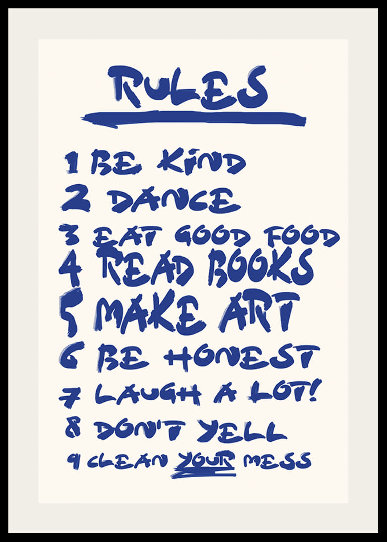 Handwritten blue text with nine encouraging house rules on light background-12