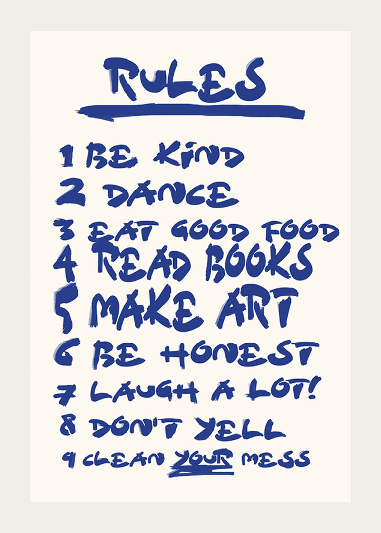 Handwritten blue text with nine encouraging house rules on light background-12