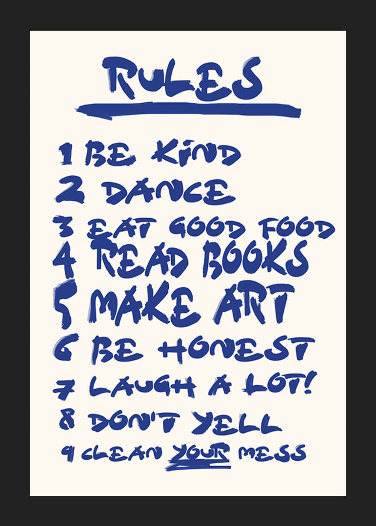 Handwritten blue text with nine encouraging house rules on light background-12
