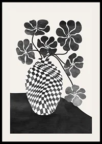 Abstract black and white vase with checkered pattern and flowers-2
