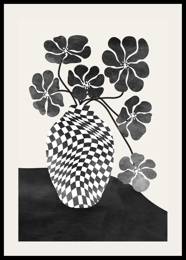 Abstract black and white vase with checkered pattern and flowers-12
