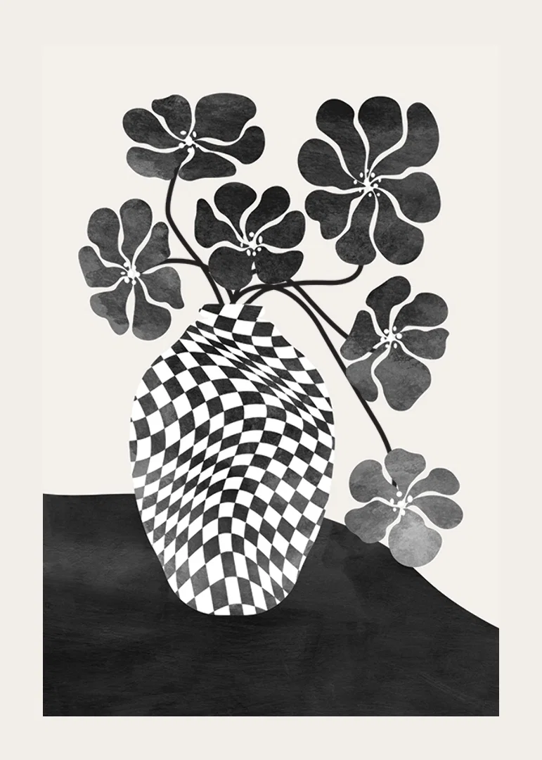 Abstract black and white vase with checkered pattern and flowers-12