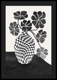 Abstract black and white vase with checkered pattern and flowers-4