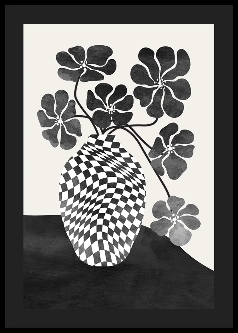 Abstract black and white vase with checkered pattern and flowers-12