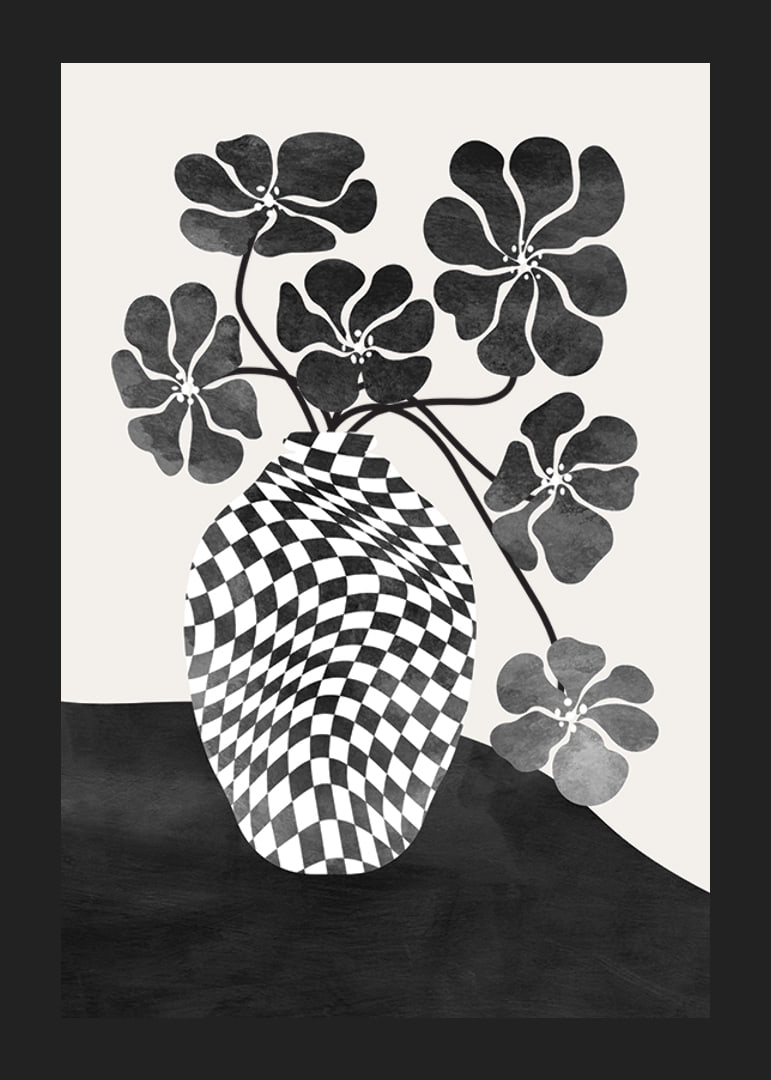 Abstrakt svartvit vas med schackrutigt mönster och blommor-12