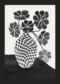 Abstract black and white vase with checkered pattern and flowers-5