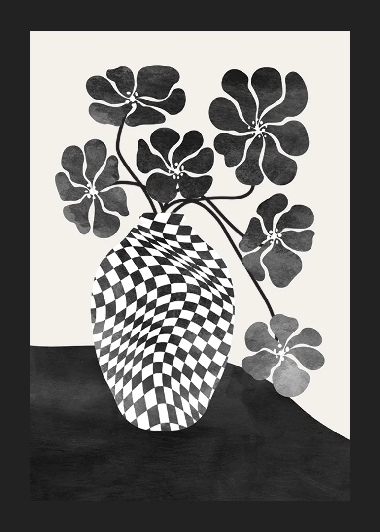 Abstract black and white vase with checkered pattern and flowers-12