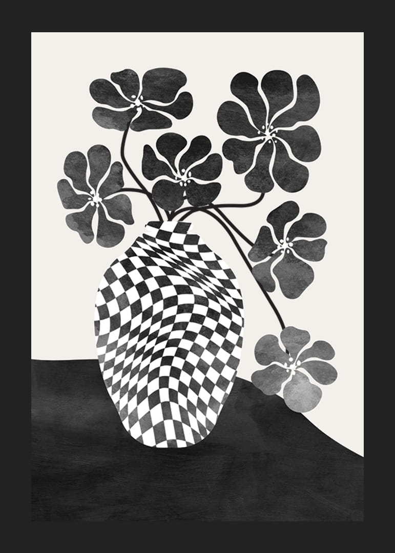 Vaso astratto in bianco e nero con motivo a scacchi e fiori-12