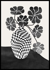 Abstrakt svartvit vas med schackrutigt mönster och blommor-6