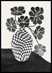 Abstract black and white vase with checkered pattern and flowers-6