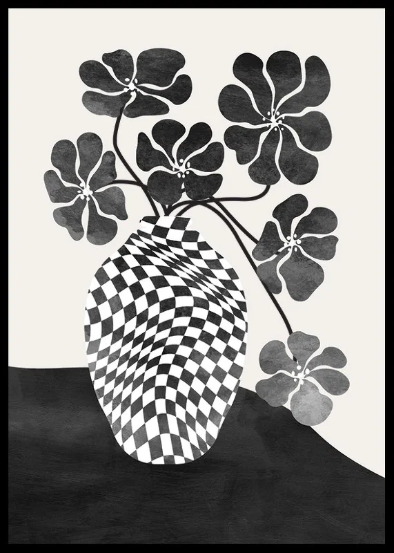 Abstract black and white vase with checkered pattern and flowers-12