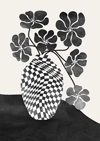 Abstract black and white vase with checkered pattern and flowers-7