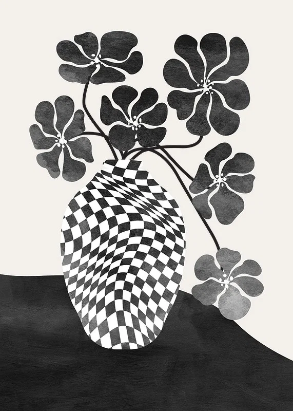 Abstract black and white vase with checkered pattern and flowers-12