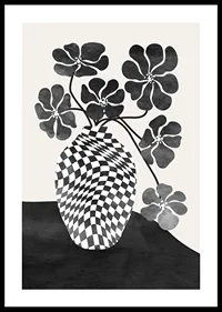 Abstract black and white vase with checkered pattern and flowers-0