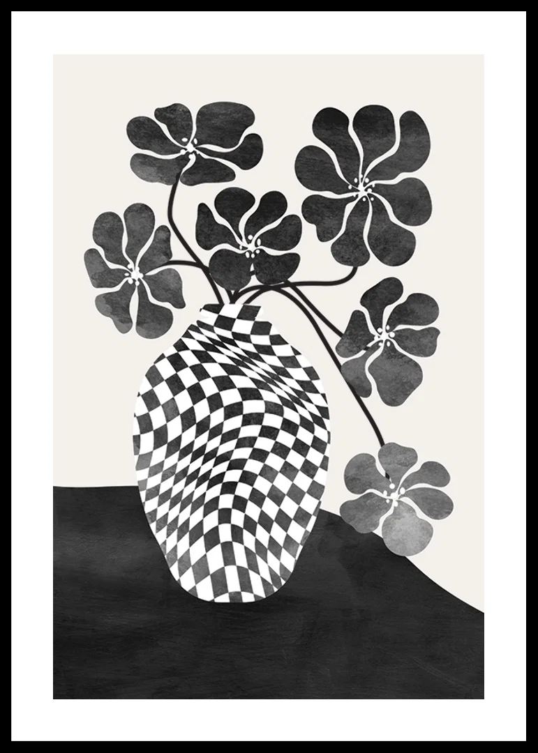 Abstract black and white vase with checkered pattern and flowers-12