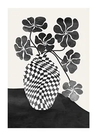 Abstract black and white vase with checkered pattern and flowers-1