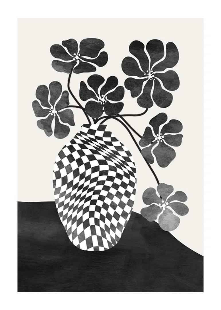 Abstract black and white vase with checkered pattern and flowers-12