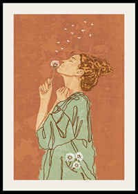 Illustrated woman in green dress blowing on dandelion against terracotta colored background-2