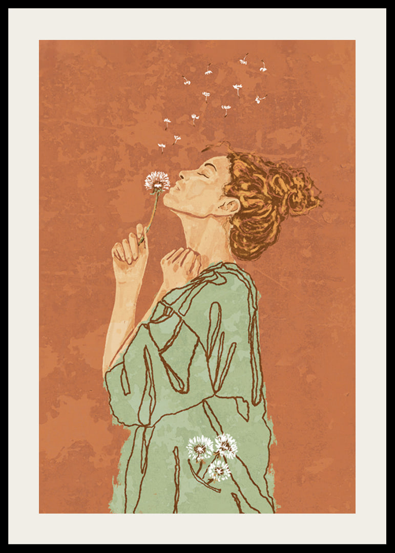 Illustrated woman in green dress blowing on dandelion against terracotta colored background-12
