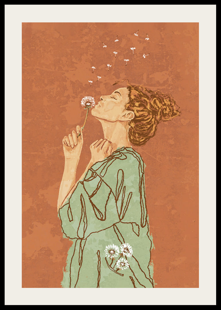 Illustrert kvinne i grønn kjole som blåser på løvetann mot terrakottafarget bakgrunn-12