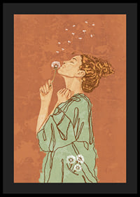 Illustrated woman in green dress blowing on dandelion against terracotta colored background-4