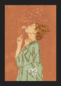 Illustrated woman in green dress blowing on dandelion against terracotta colored background-5