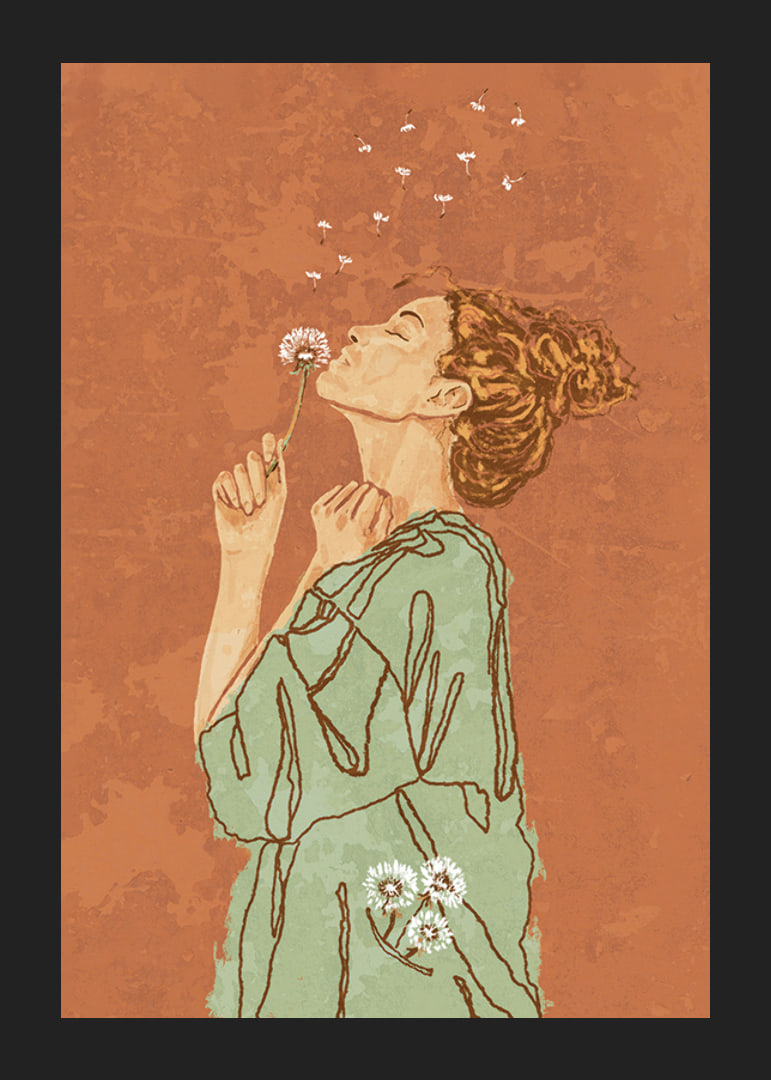 Illustrated woman in green dress blowing on dandelion against terracotta colored background-12