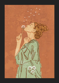 Illustrert kvinne i grønn kjole som blåser på løvetann mot terrakottafarget bakgrunn-5