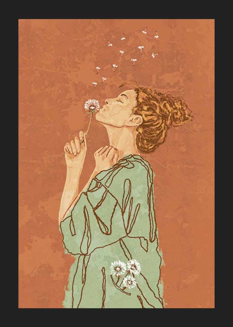 Illustrert kvinne i grønn kjole som blåser på løvetann mot terrakottafarget bakgrunn-12