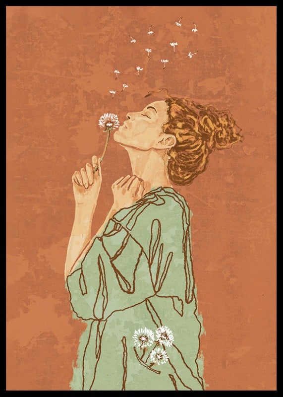 Illustrated woman in green dress blowing on dandelion against terracotta colored background-12