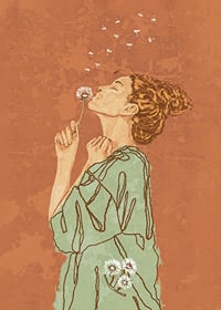 Illustrated woman in green dress blowing on dandelion against terracotta colored background-7
